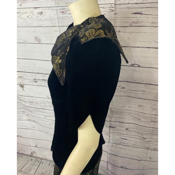 Vintage 80s Scott McClintock Black Velvet Gold Floral Open Back Dress size 10 - Picture 9 of 16